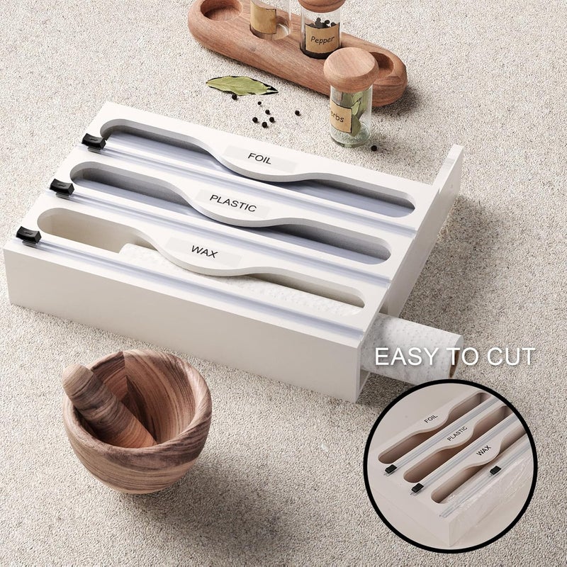 Danfoxer Wrap Dispenser with Cutter and Labels, Plastic Wrap Organizer For Kitchen,Bamboo 3-in-1 Wrap Dispensers for Cling Wrap Aluminum Foil and Wax,Storage Organization Holder（White） - Image 3